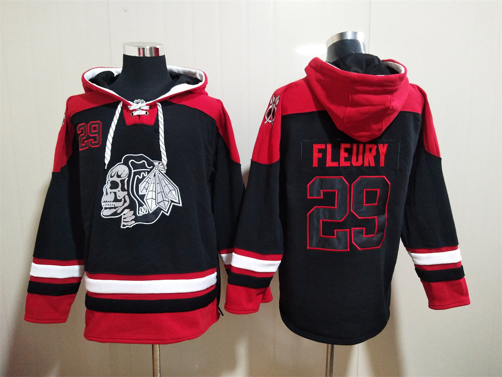 Men's Connor Bedard Chicago Blackhawks Skull Black Jersey Ageless Must-Have Lace-Up Pullover Hoodie