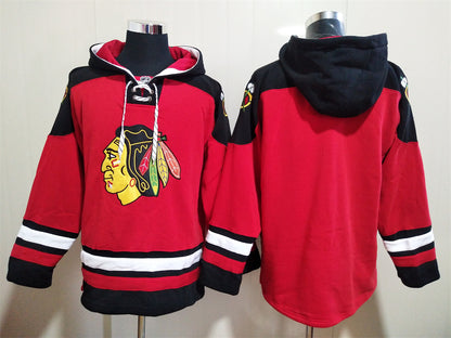 Men's Connor Bedard Chicago Blackhawks Red Jersey Ageless Must-Have Lace-Up Pullover Hoodie