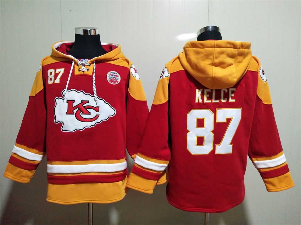 Men's Patrick Mahomes Kansas City Chiefs Red Jersey Ageless Must-Have Lace-Up Pullover Hoodie
