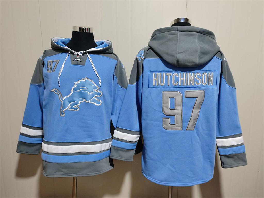 Men's Amon-Ra St. Brown Detroit Lions Blue Jersey Ageless Must-Have Lace-Up Pullover Hoodie
