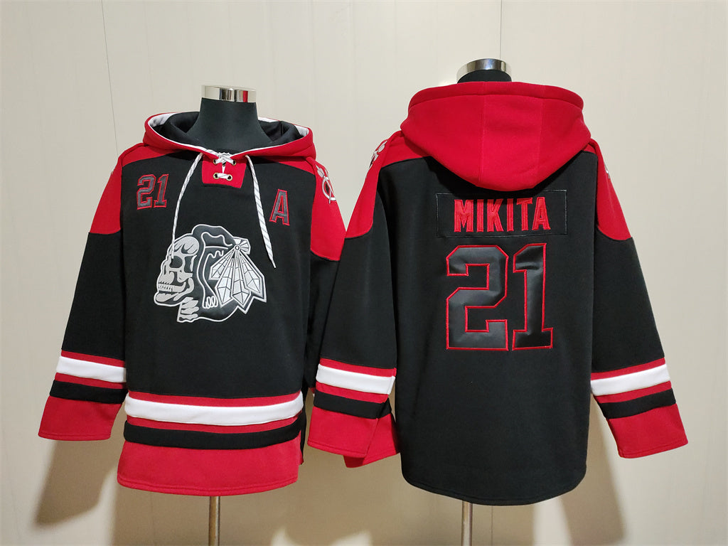 Men's Connor Bedard Chicago Blackhawks Skull Black Jersey Ageless Must-Have Lace-Up Pullover Hoodie