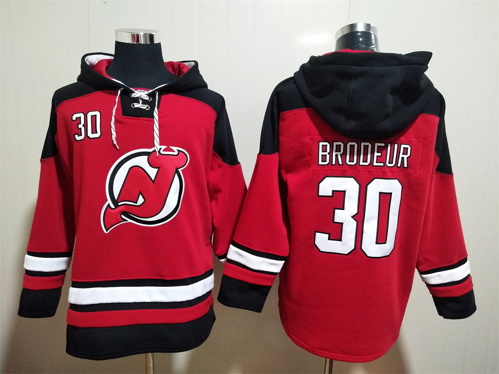 Men's Jack Hughes New Jersey Devils Red Jersey Ageless Must-Have Lace-Up Pullover Hoodie