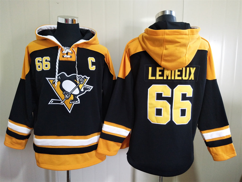 Men's Mario Lemieux Pittsburgh Penguins Black Jersey Ageless Must-Have Lace-Up Pullover Hoodie