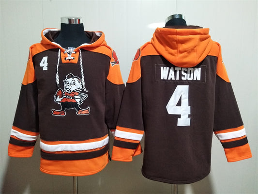 Men's Deshaun Watson Cleveland Browns Brown Jersey Ageless Must-Have Lace-Up Pullover Hoodie