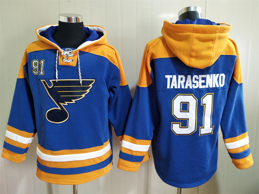 Men's Jordan Binnington St. Louis Blues Blue Jersey Ageless Must-Have Lace-Up Pullover Hoodie