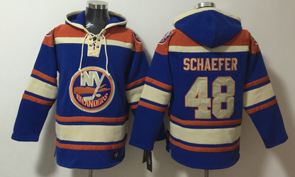 Men's Matthew Schaefer New York Islanders Royal Ageless Must-Have Lace-Up Pullover Hoodie