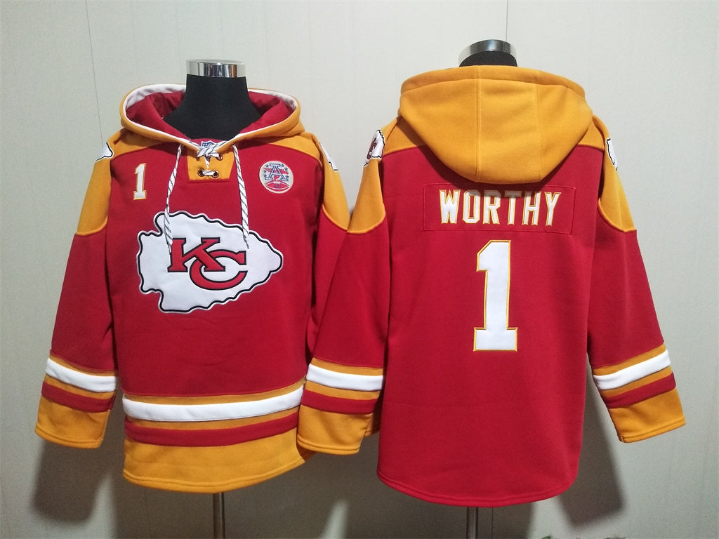 Men's Patrick Mahomes Kansas City Chiefs Red Jersey Ageless Must-Have Lace-Up Pullover Hoodie