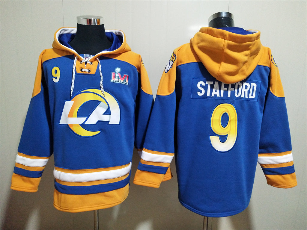 Men's Matthew Stafford Los Angeles Rams Royal Jersey Ageless Must-Have Lace-Up Pullover Hoodie