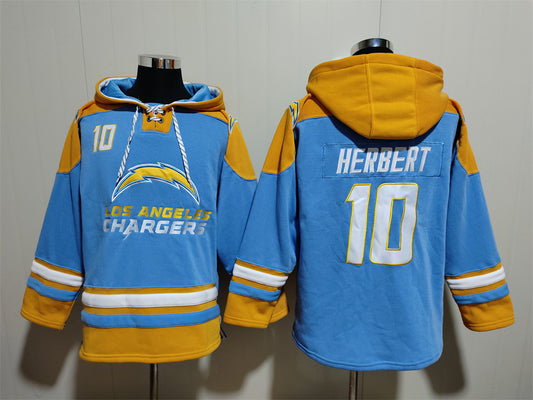 Men's Justin Herbert Los Angeles Chargers Powder Blue Jersey Ageless Must-Have Lace-Up Pullover Hoodie