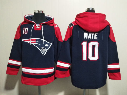 Men's Rob Gronkowski Drake Maye New England Patriots Navy Ageless Must-Have Lace-Up Pullover Hoodie