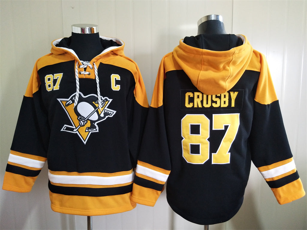 Men's Mario Lemieux Pittsburgh Penguins Black Jersey Ageless Must-Have Lace-Up Pullover Hoodie