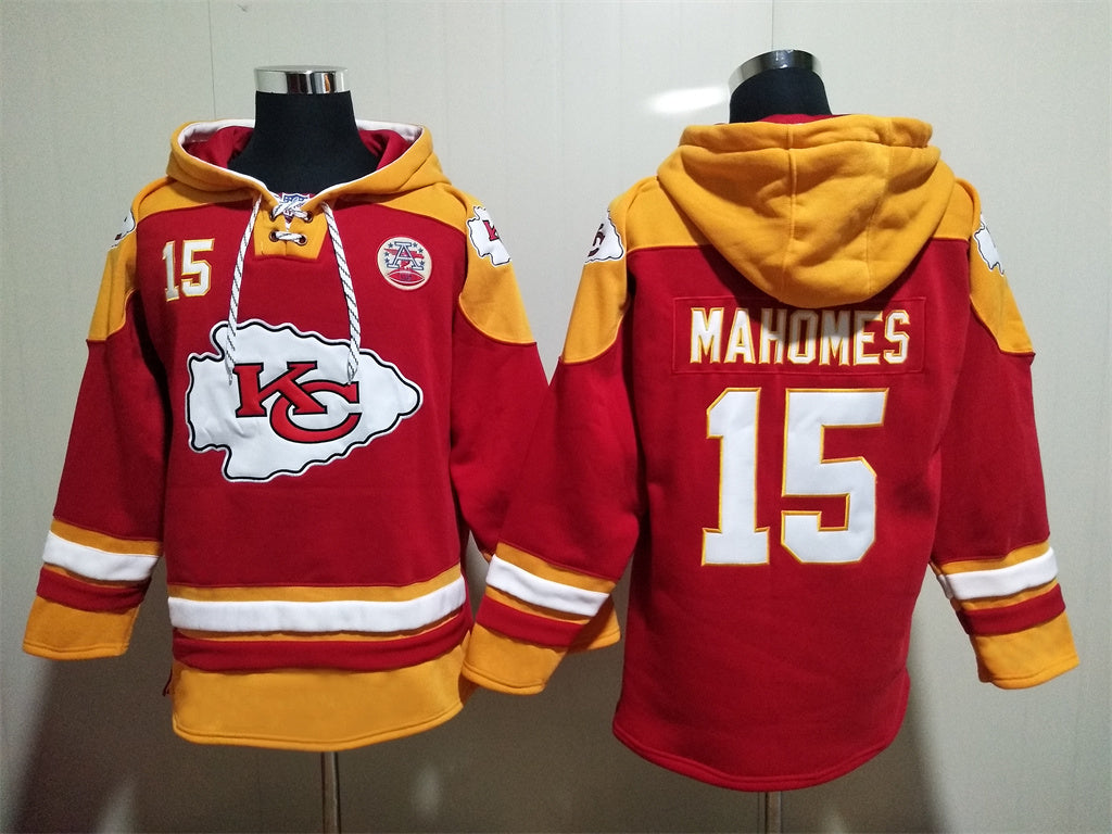 Men's Patrick Mahomes Kansas City Chiefs Red Jersey Ageless Must-Have Lace-Up Pullover Hoodie