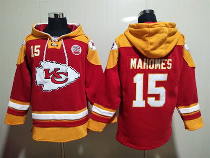 Men's Patrick Mahomes Kansas City Chiefs Red Jersey Ageless Must-Have Lace-Up Pullover Hoodie