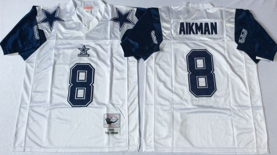 Men's Troy Aikman #8 Dallas Cowboys White Navy Vintage Stitched Football Jersey