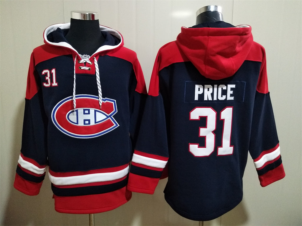Men's Juraj Slafkovsky Montreal Canadiens Navy Red Jersey Ageless Must-Have Lace-Up Pullover Hoodie