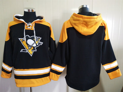Men's Mario Lemieux Pittsburgh Penguins Black Jersey Ageless Must-Have Lace-Up Pullover Hoodie