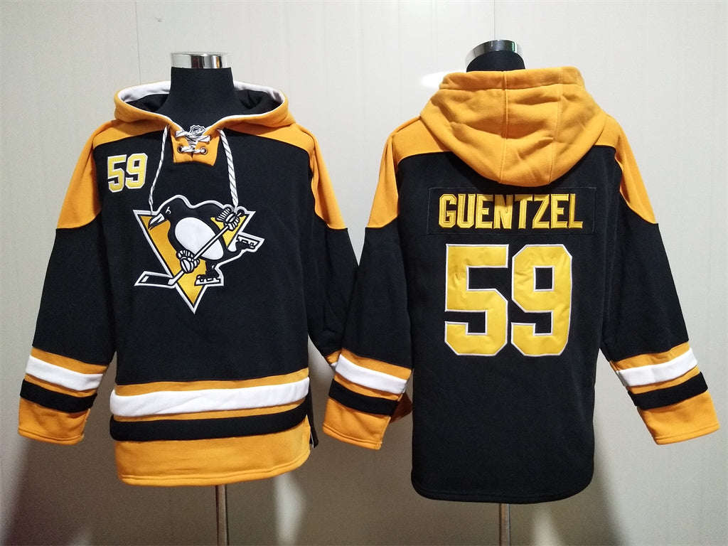 Men's Mario Lemieux Pittsburgh Penguins Black Jersey Ageless Must-Have Lace-Up Pullover Hoodie