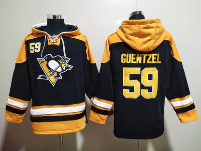 Men's Mario Lemieux Pittsburgh Penguins Black Jersey Ageless Must-Have Lace-Up Pullover Hoodie