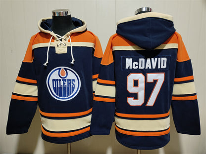 Men's Connor McDavid Edmonton Oilers Navy Jersey Ageless Must-Have Lace-Up Pullover Hoodie