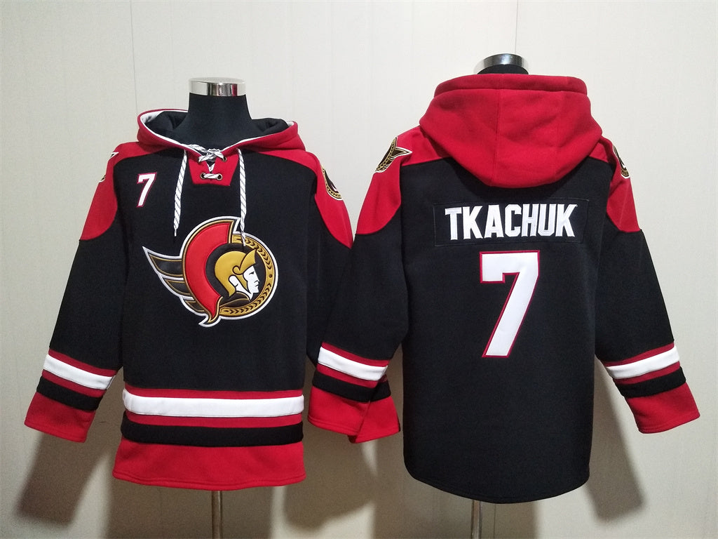 Men's Brady Tkachuk Ottawa Senators Black Jersey Ageless Must-Have Lace-Up Pullover Hoodie