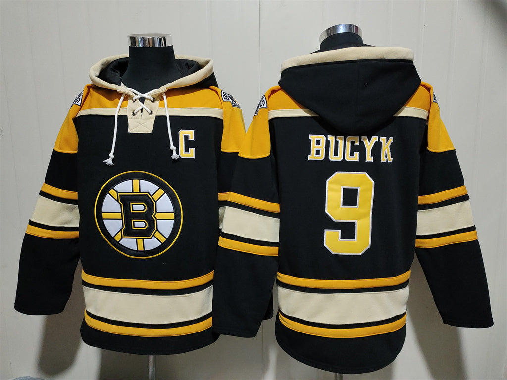 Men's John Bucyk Boston Bruins Black Jersey Ageless Must-Have Lace-Up Pullover Hoodie