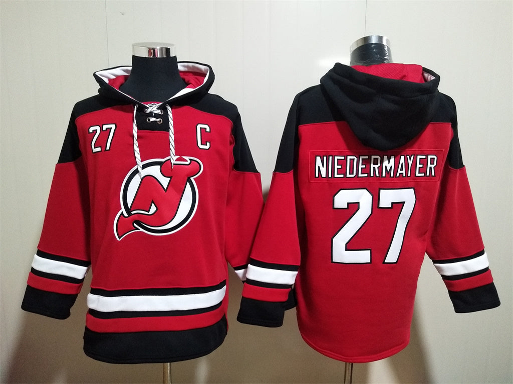 Men's Jack Hughes New Jersey Devils Red Jersey Ageless Must-Have Lace-Up Pullover Hoodie