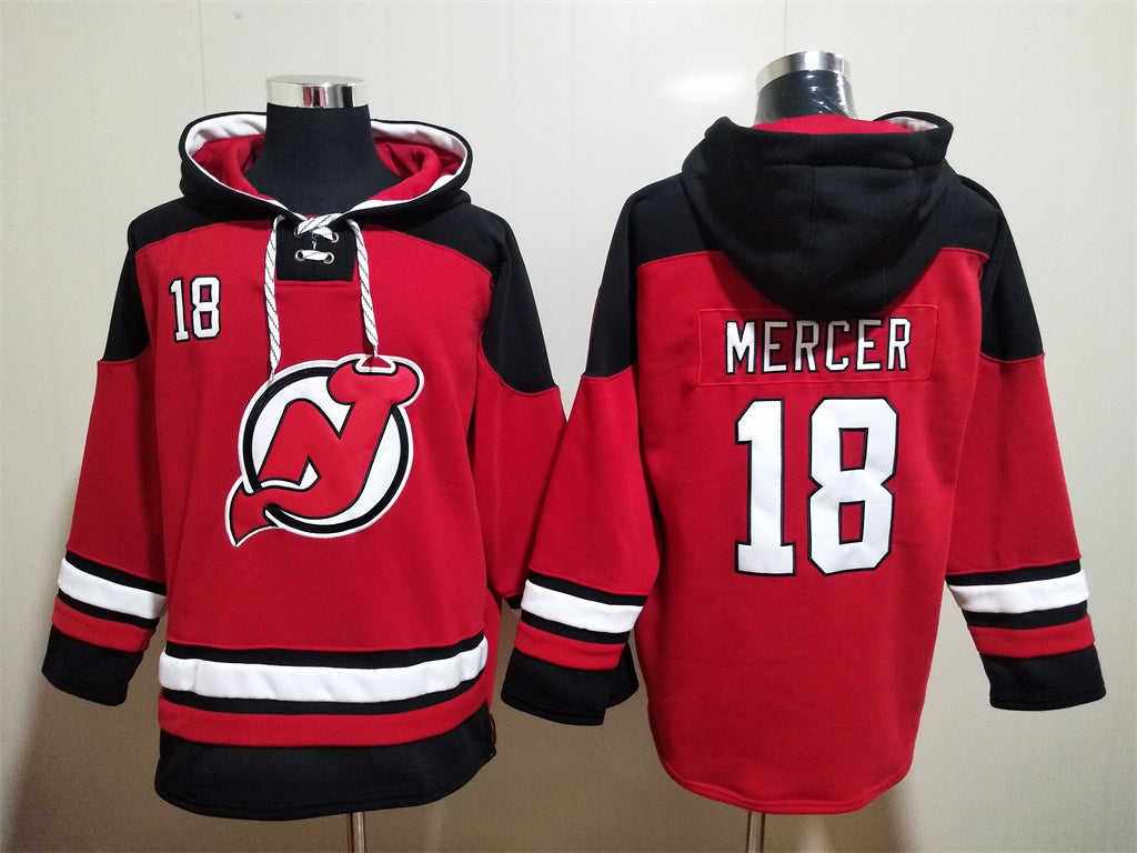 Men's Jack Hughes New Jersey Devils Red Jersey Ageless Must-Have Lace-Up Pullover Hoodie