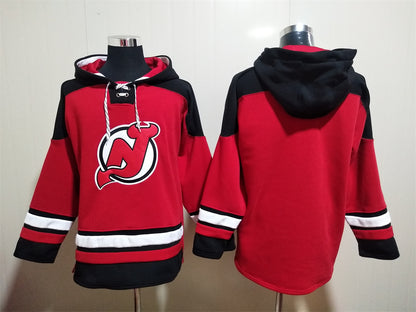 Men's Jack Hughes New Jersey Devils Red Jersey Ageless Must-Have Lace-Up Pullover Hoodie