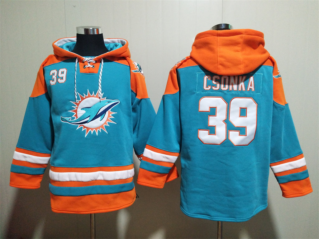 Men's Dan Marino Miami Dolphins Aqua Jersey Ageless Must-Have Lace-Up Pullover Hoodie