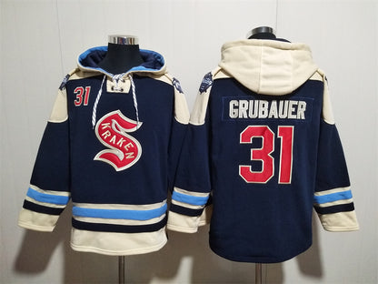 Men's Philipp Grubauer Seattle Kraken Navy Jersey Ageless Must-Have Lace-Up Pullover Hoodie