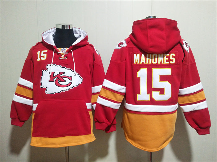 Men's Patrick Mahomes Kansas City Chiefs Red Jersey Ageless Must-Have Pocket Lace-Up Pullover Hoodie
