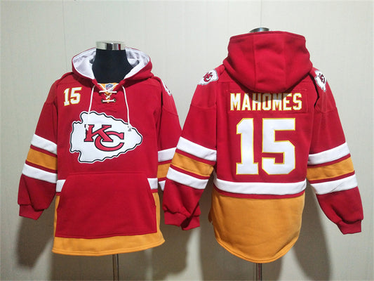 Men's Patrick Mahomes Kansas City Chiefs Red Jersey Ageless Must-Have Pocket Lace-Up Pullover Hoodie