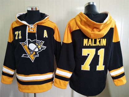 Men's Mario Lemieux Pittsburgh Penguins Black Jersey Ageless Must-Have Lace-Up Pullover Hoodie
