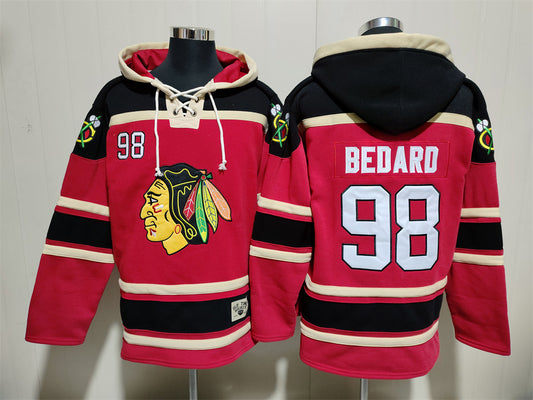 Men's Connor Bedard Chicago Blackhawks Red Black Jersey Ageless Must-Have Lace-Up Pullover Hoodie